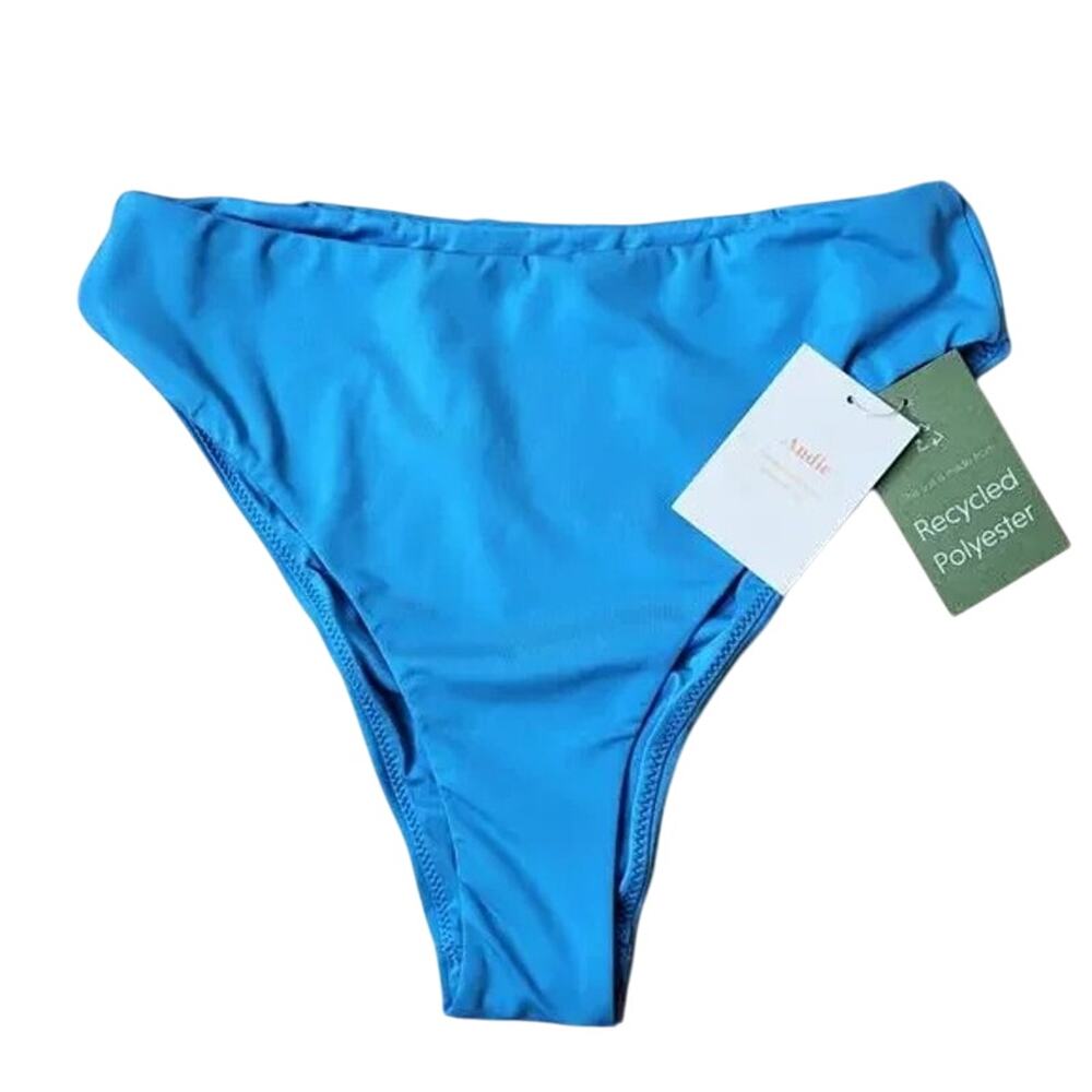 NWT Andie The 90s High Waisted Bottom Swim Cheeky Bottom High Leg Cut M Blue